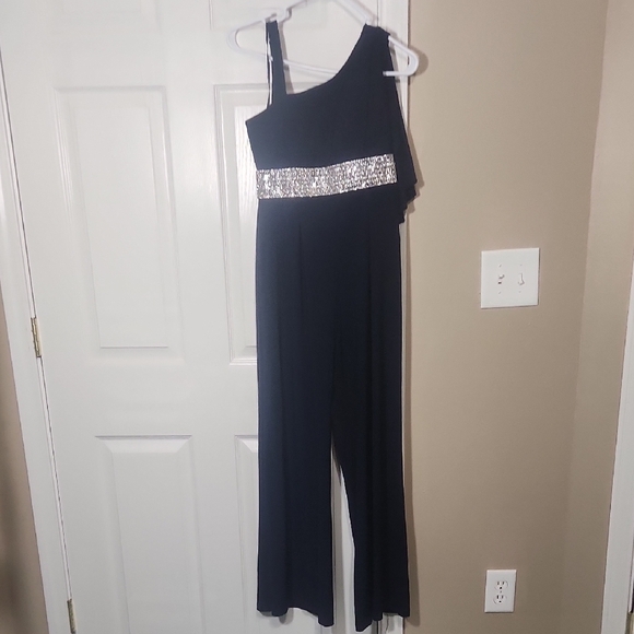 Black and Silver Asymmetrical Jumpsuit with Metallic Embellishments - Picture 1 of 5